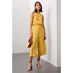 Thakoon Floral Jumpsuit Yellow Smocked Waist Wide Leg Sleeveless Sz 4